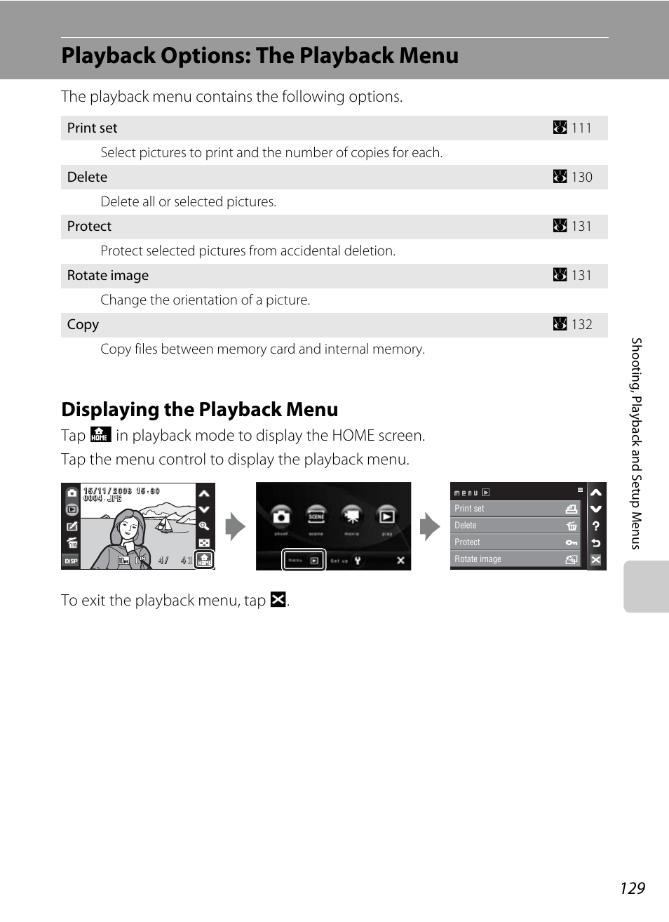 Playback options: the playback menu, Displaying the playback menu, Nu (a 129). when | Nu (a 129), or, The playback menu contains the following options | Nikon Coolpix S60 User Manual | Page 141 / 184