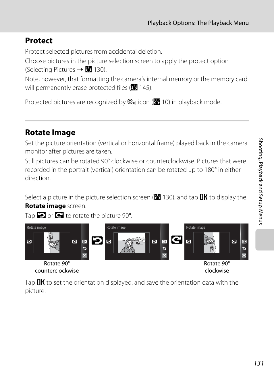 Protect, Rotate image, Protect rotate image | A 131), A 131) as, A 131 | Nikon Coolpix S60 User Manual | Page 143 / 184