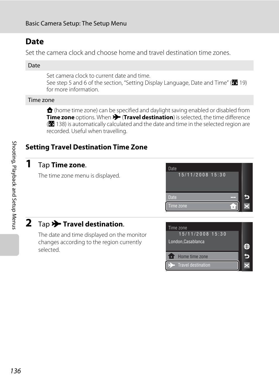 Date, A 136), A 136) i | A 136, Setting travel destination time zone, Tap time zone, Tap x travel destination | Nikon Coolpix S60 User Manual | Page 148 / 184