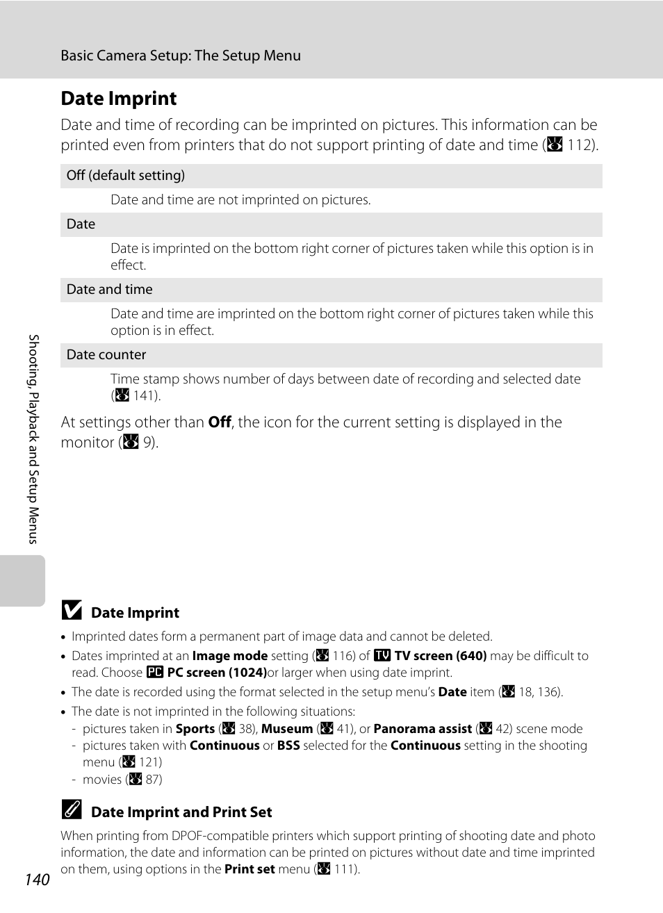 Date imprint, A 140), A 140 | Nikon Coolpix S60 User Manual | Page 152 / 184