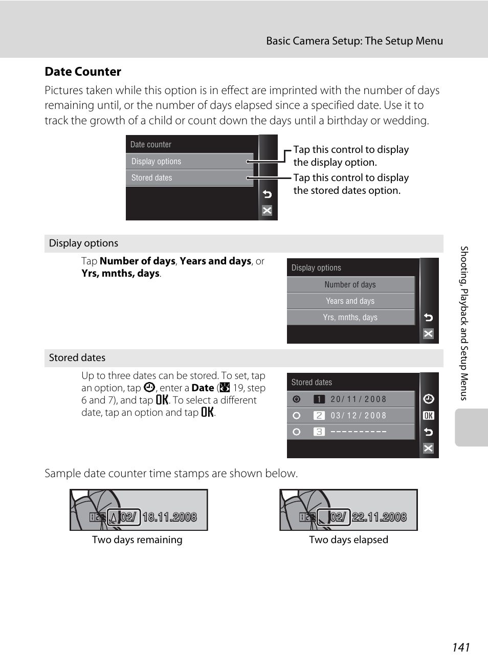 A 141), Date counter | Nikon Coolpix S60 User Manual | Page 153 / 184