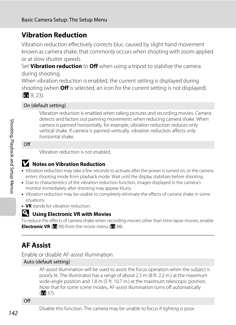 Vibration reduction, Af assist, Vibration reduction af assist | A 142), A 142) i, A 142) to, Ting (a 142), A 142) t, A 142 | Nikon Coolpix S60 User Manual | Page 154 / 184