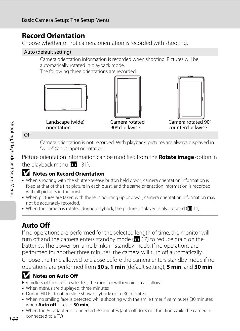 Record orientation, Auto off, Record orientation auto off | Lly (a 144), A 144), A 144 | Nikon Coolpix S60 User Manual | Page 156 / 184