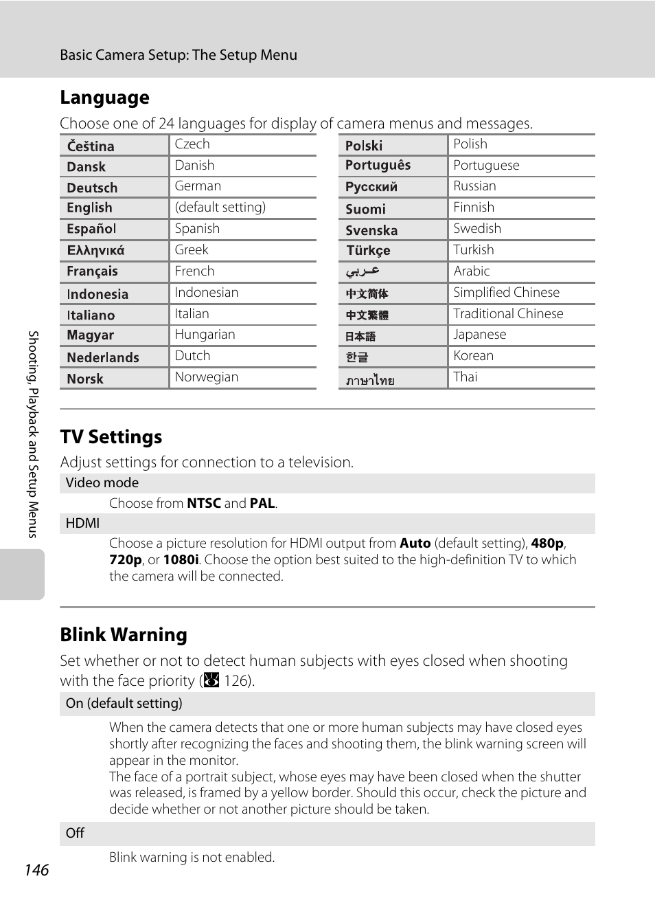 Language, Tv settings, Blink warning | Language tv settings blink warning, A 146) or “ope, A 146 | Nikon Coolpix S60 User Manual | Page 158 / 184