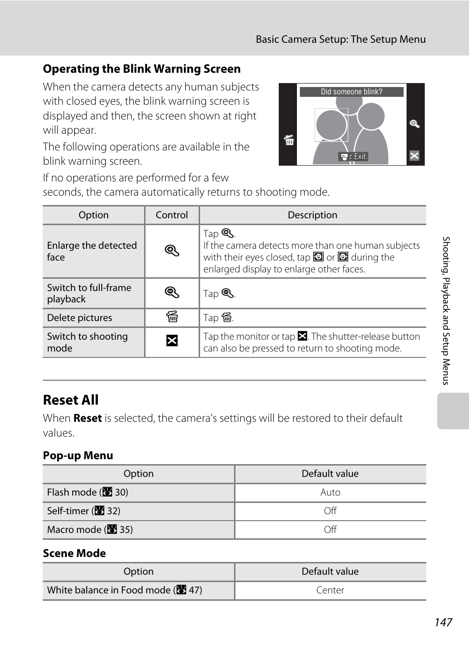 Reset all, Rating the blink warning screen” (a 147) f, A 147 | Operating the blink warning screen | Nikon Coolpix S60 User Manual | Page 159 / 184