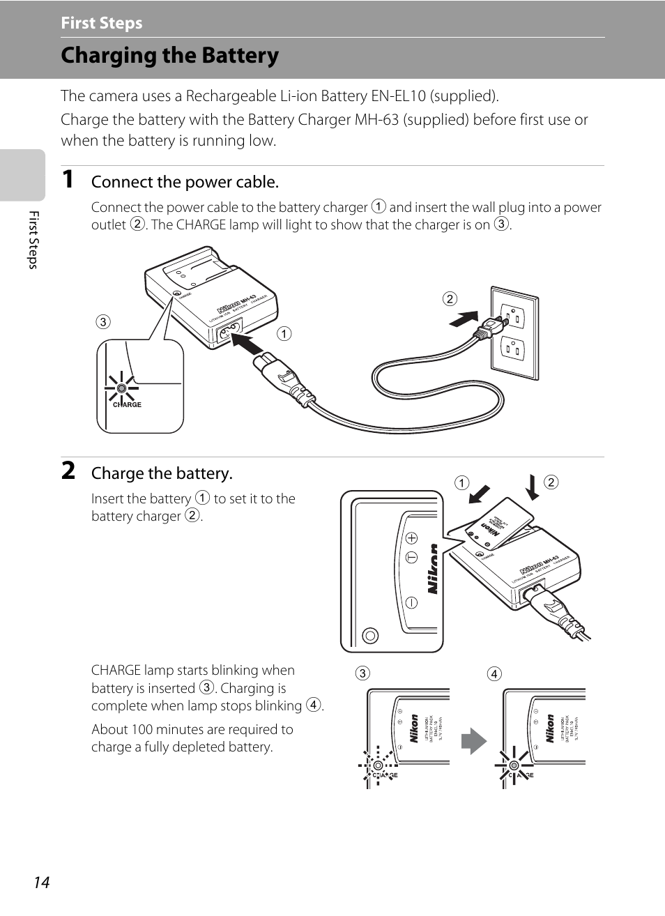 First steps, Charging the battery | Nikon Coolpix S60 User Manual | Page 26 / 184