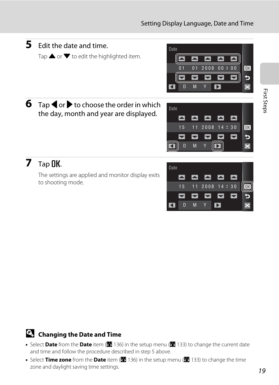 Edit the date and time, Tap e | Nikon Coolpix S60 User Manual | Page 31 / 184