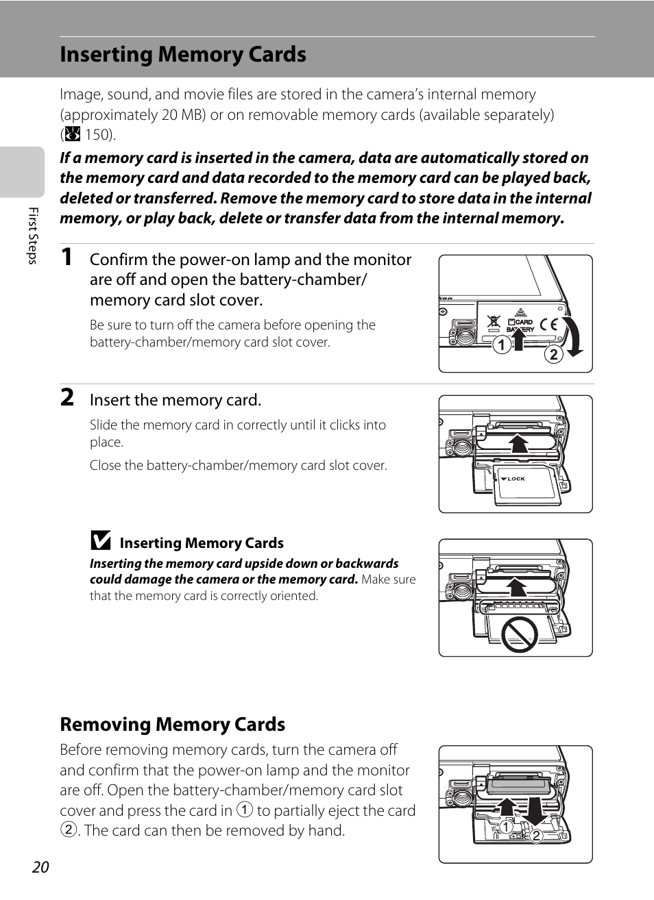 Inserting memory cards, Removing memory cards | Nikon Coolpix S60 User Manual | Page 32 / 184