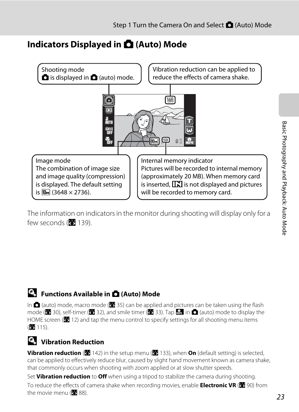Indicators displayed in auto mode, Indicators displayed in a (auto) mode | Nikon Coolpix S60 User Manual | Page 35 / 184
