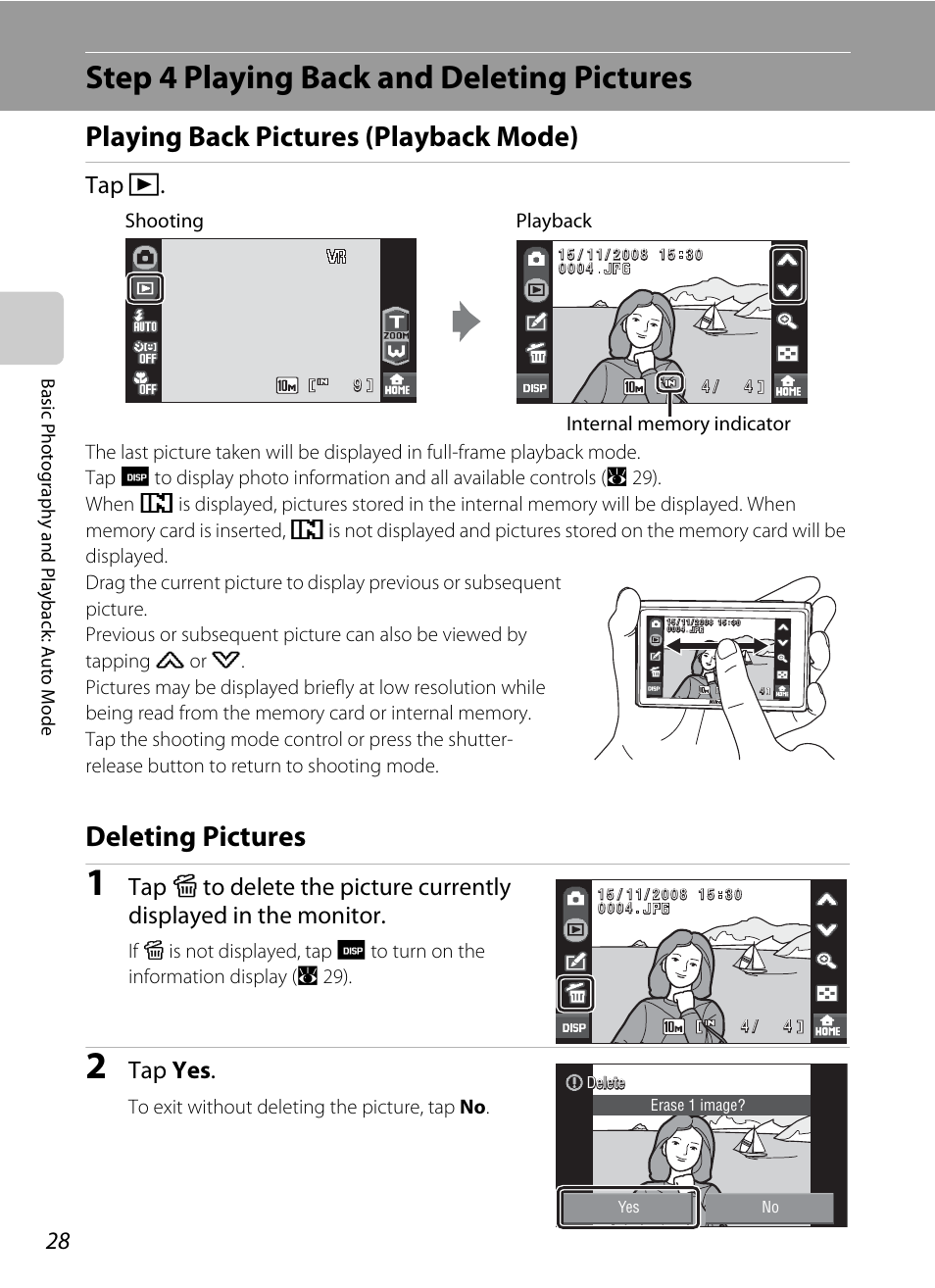 Step 4 playing back and deleting pictures, Playing back pictures (playback mode), Deleting pictures | Tap c, Tap yes, Bas ic ph otography an d pl ayba ck : a u to mod e | Nikon Coolpix S60 User Manual | Page 40 / 184