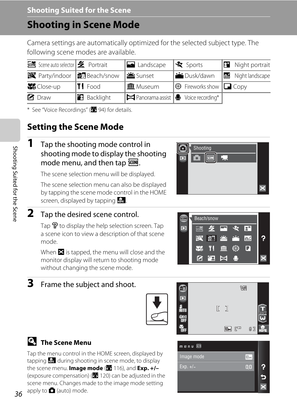 Shooting suited for the scene, Shooting in scene mode, Setting the scene mode | C shooting suited for the scene | Nikon Coolpix S60 User Manual | Page 48 / 184