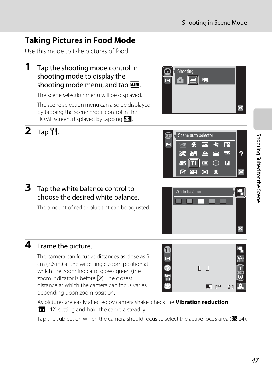 Taking pictures in food mode, See “taking pictures in food mode, A 47) for | Nikon Coolpix S60 User Manual | Page 59 / 184