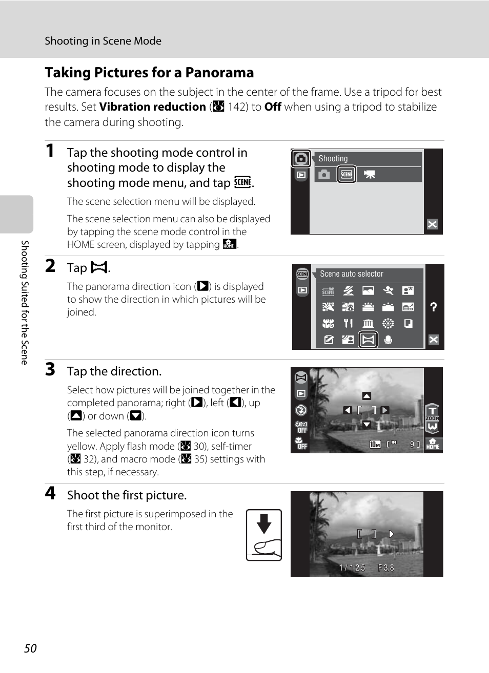 Taking pictures for a panorama, A 50) for | Nikon Coolpix S60 User Manual | Page 62 / 184