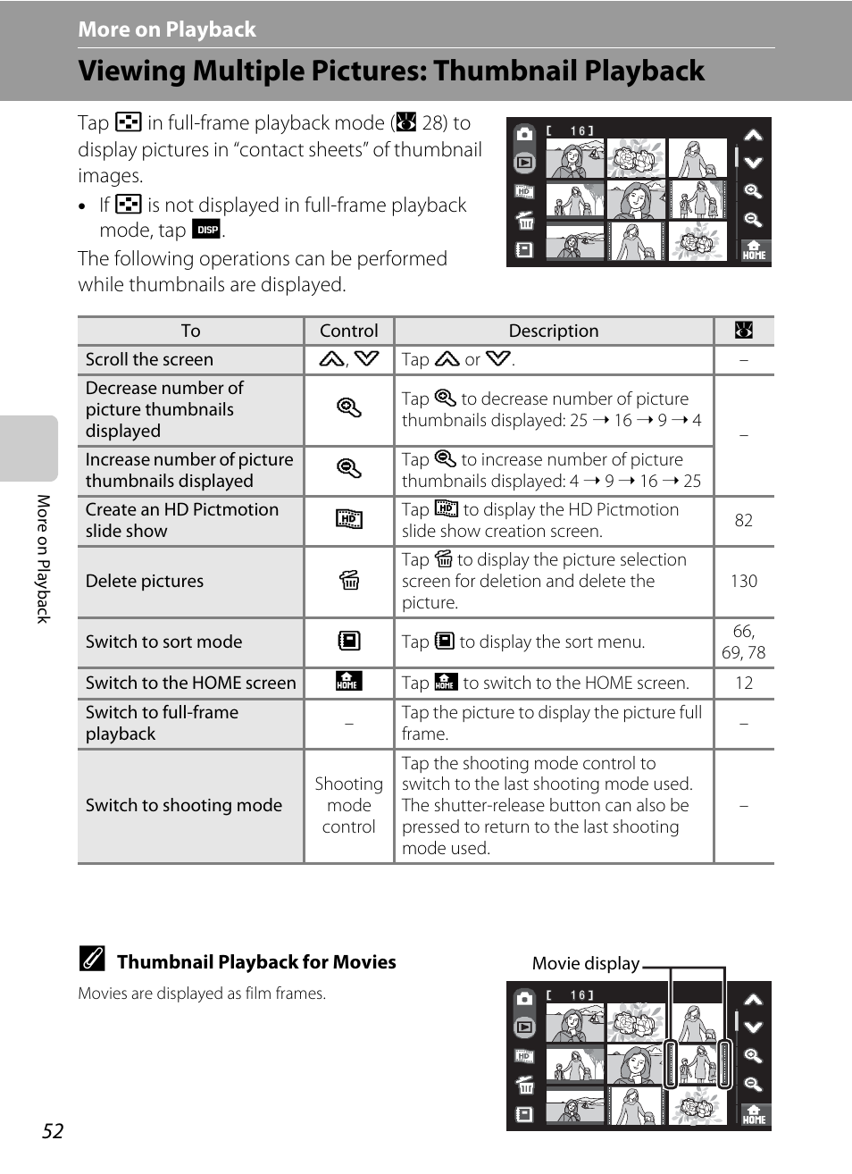 More on playback, Viewing multiple pictures: thumbnail playback, C more on playback | A 52 | Nikon Coolpix S60 User Manual | Page 64 / 184