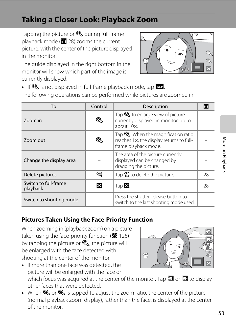 Taking a closer look: playback zoom, Pictures taken using the face-priority function | Nikon Coolpix S60 User Manual | Page 65 / 184