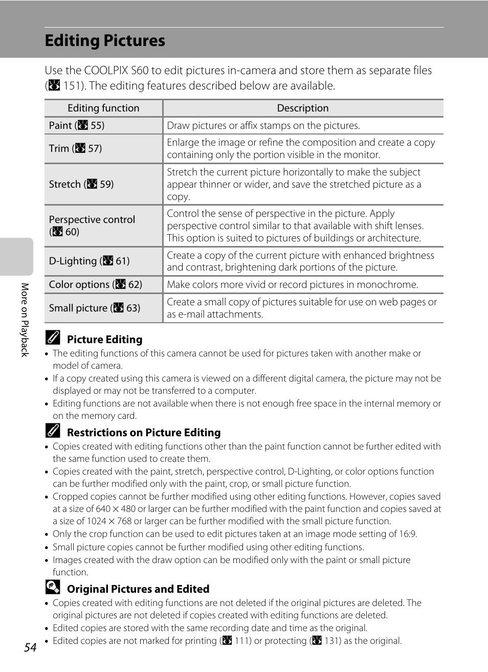 Editing pictures | Nikon Coolpix S60 User Manual | Page 66 / 184