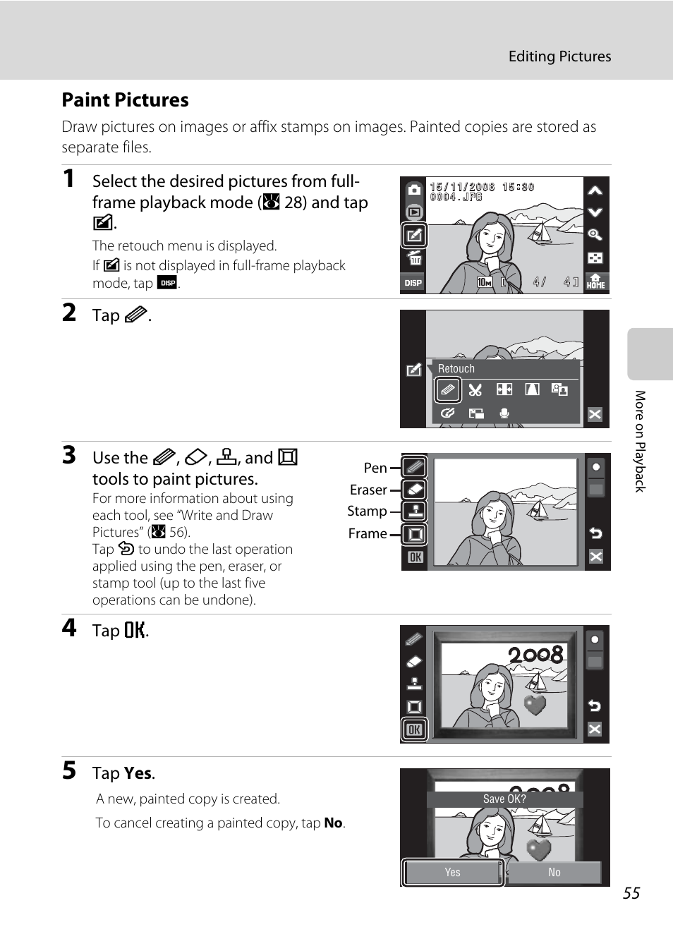 Paint pictures, A 55), Tap i | Use the i, j, k, and l tools to paint pictures, Tap e, Tap yes | Nikon Coolpix S60 User Manual | Page 67 / 184