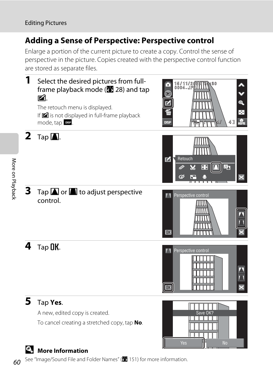 Adding a sense of perspective: perspective control, A 60), Tap o | Tap y or z to adjust perspective control, Tap e, Tap yes | Nikon Coolpix S60 User Manual | Page 72 / 184