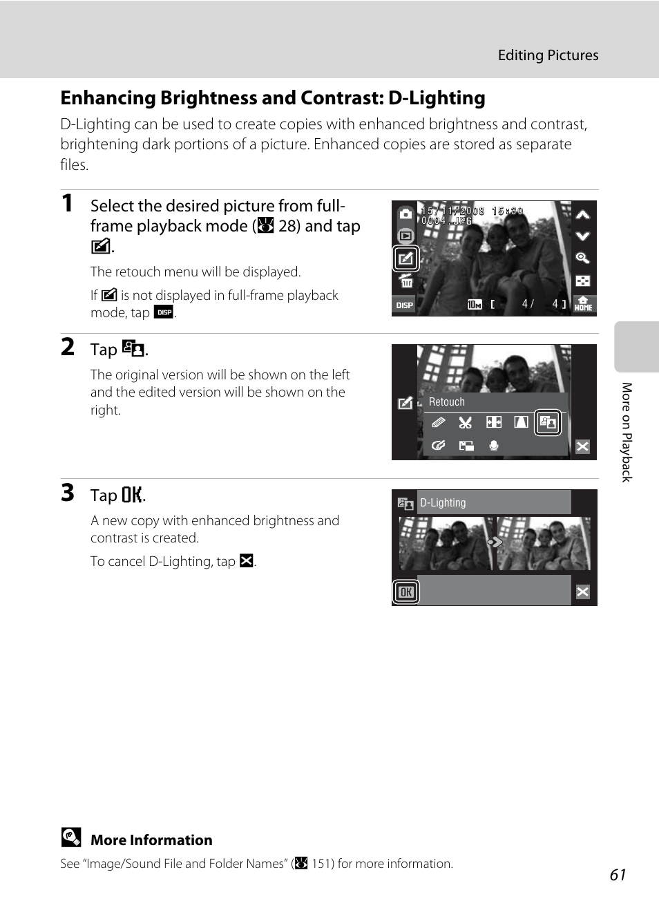 Enhancing brightness and contrast: d-lighting, Lighting, A 61) | Tap j, Tap e | Nikon Coolpix S60 User Manual | Page 73 / 184