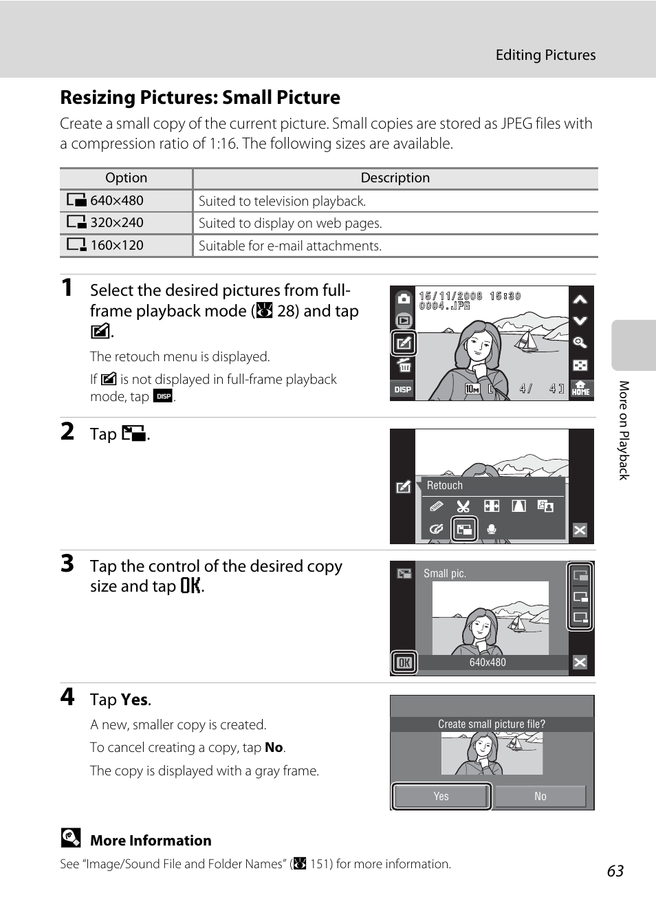 Resizing pictures: small picture, A 63), Tap g | Tap the control of the desired copy size and tap e, Tap yes | Nikon Coolpix S60 User Manual | Page 75 / 184