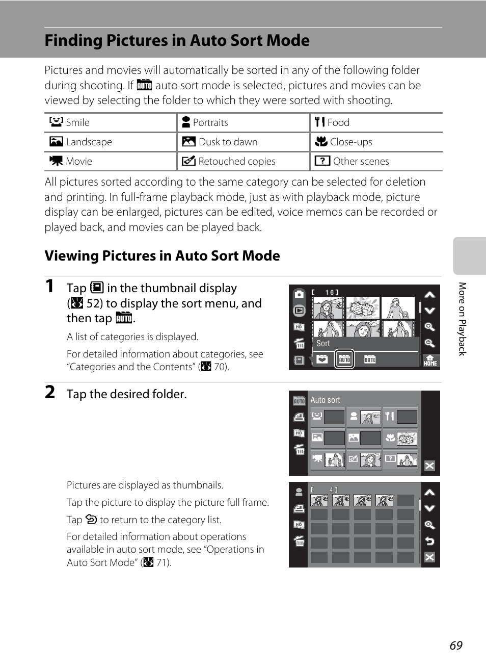 Finding pictures in auto sort mode, Viewing pictures in auto sort mode | Nikon Coolpix S60 User Manual | Page 81 / 184