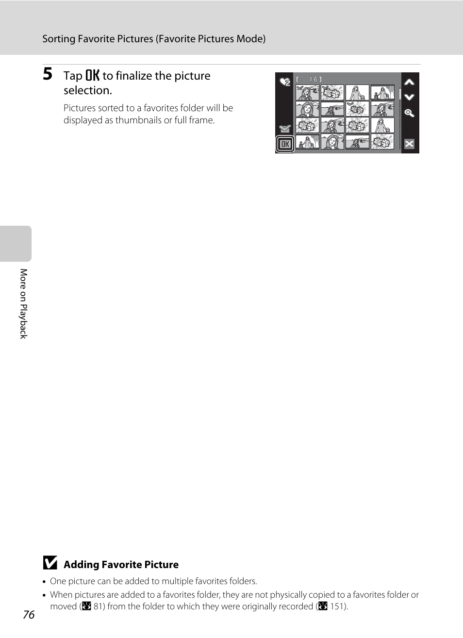 Tap e to finalize the picture selection | Nikon Coolpix S60 User Manual | Page 88 / 184