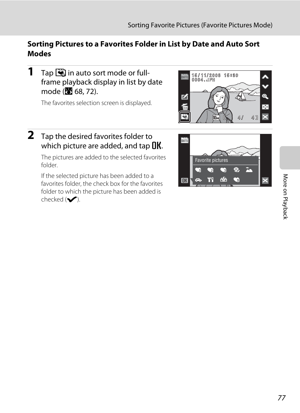 A 77), Sorting favorite pictures (favorite pictures mode) | Nikon Coolpix S60 User Manual | Page 89 / 184