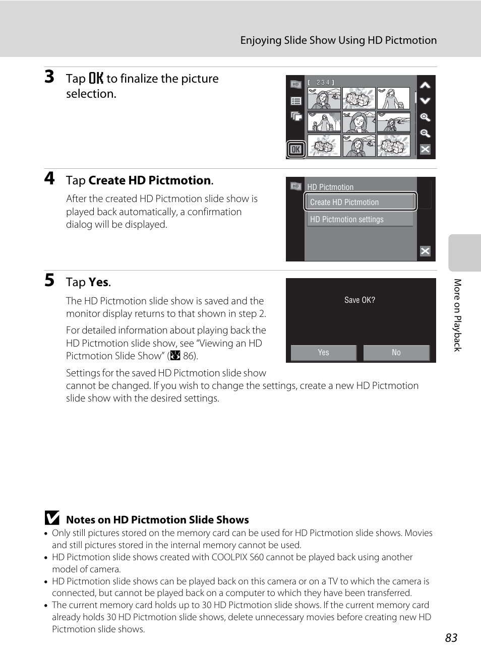 Tap e to finalize the picture selection, Tap create hd pictmotion, Tap yes | Nikon Coolpix S60 User Manual | Page 95 / 184