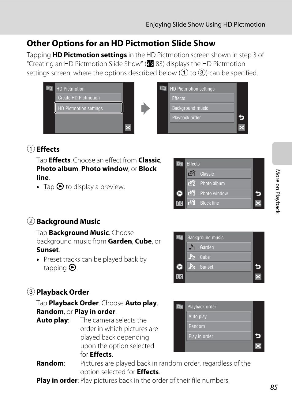 Other options for an hd pictmotion slide show, 1 effects, 2 background music | 3 playback order | Nikon Coolpix S60 User Manual | Page 97 / 184