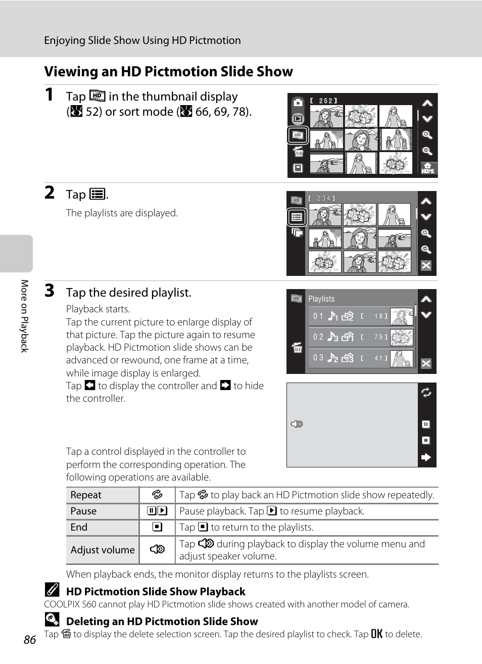 Viewing an hd pictmotion slide show, Tap r, Tap the desired playlist | Nikon Coolpix S60 User Manual | Page 98 / 184