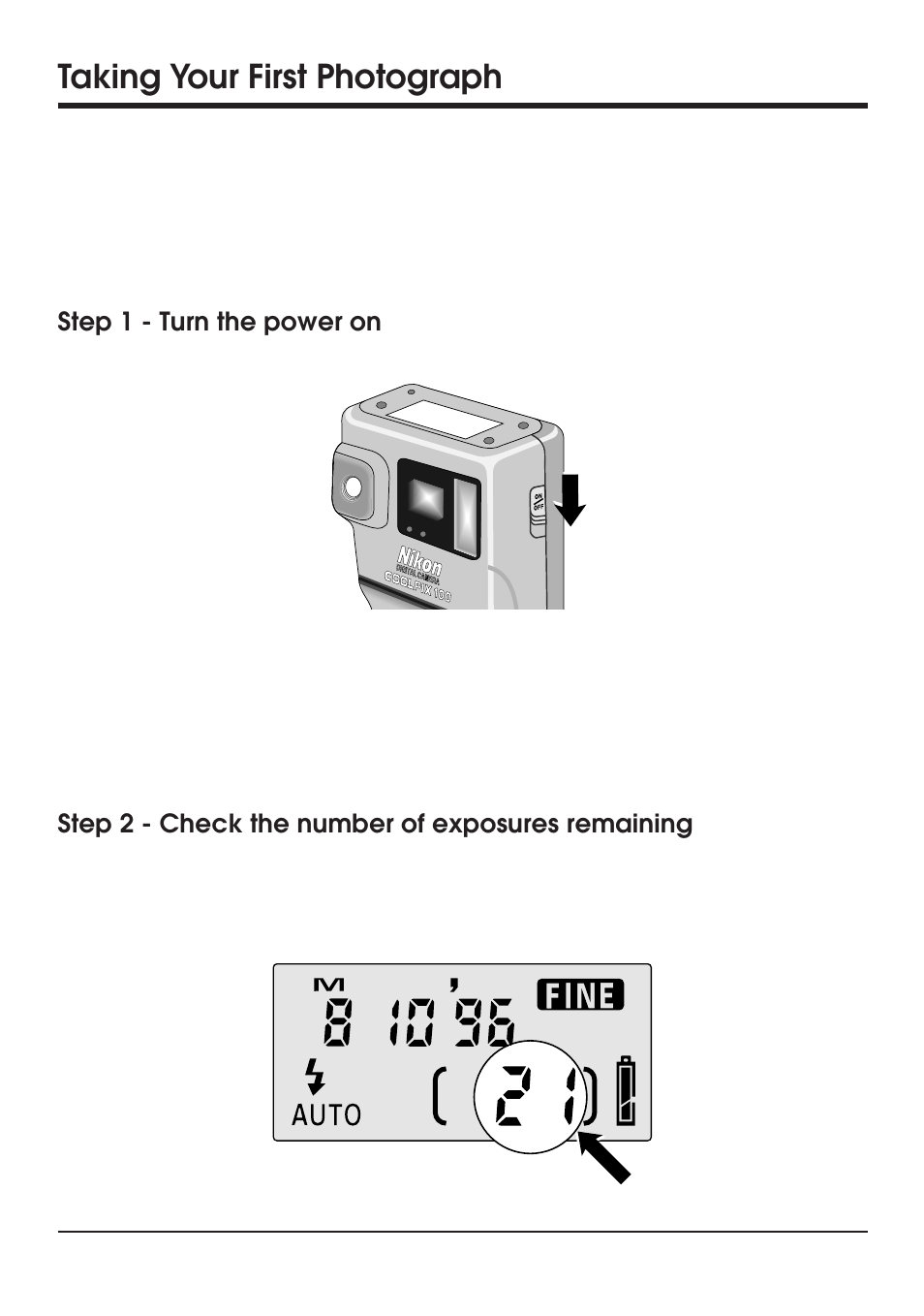 Taking your first photograph | Nikon Coolpix 100 User Manual | Page 28 / 50