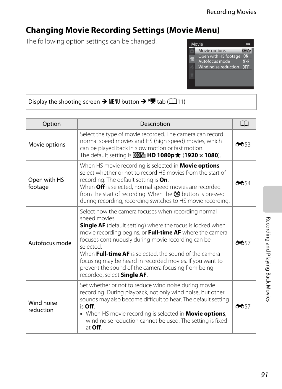 Changing movie recording settings (movie menu), A91) i, A91) | Nikon Coolpix S9300 User Manual | Page 109 / 244