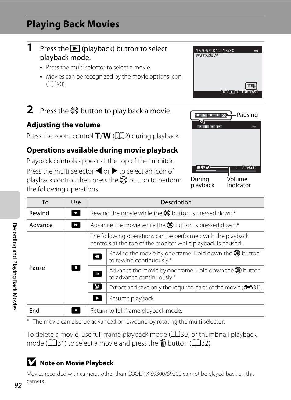 Playing back movies, A92), Operations available during movie playback | Nikon Coolpix S9300 User Manual | Page 110 / 244