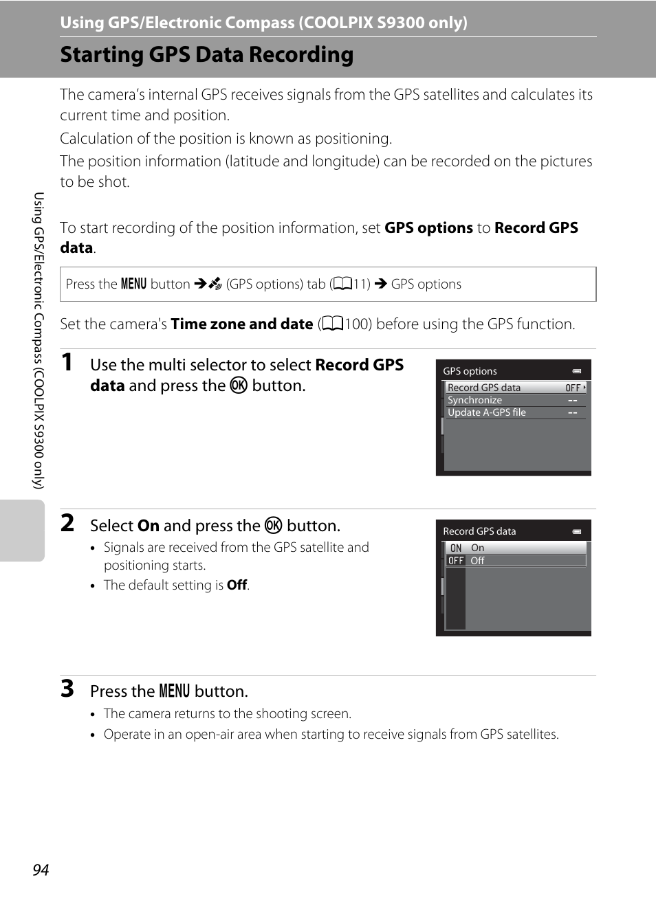 Starting gps data recording | Nikon Coolpix S9300 User Manual | Page 112 / 244