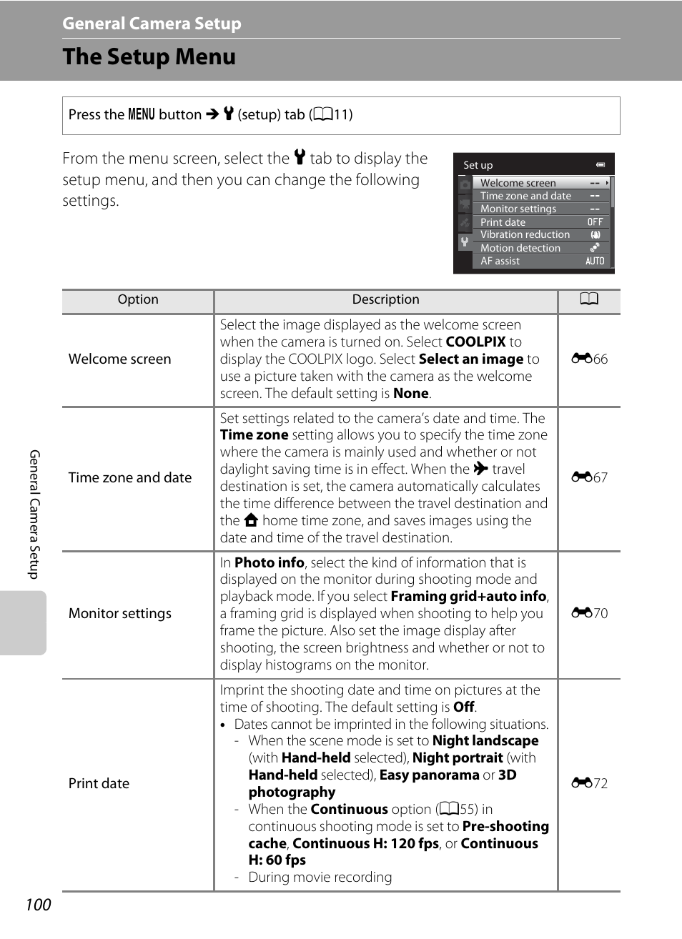 The setup menu, A100), A100) to | General camera setup | Nikon Coolpix S9300 User Manual | Page 118 / 244