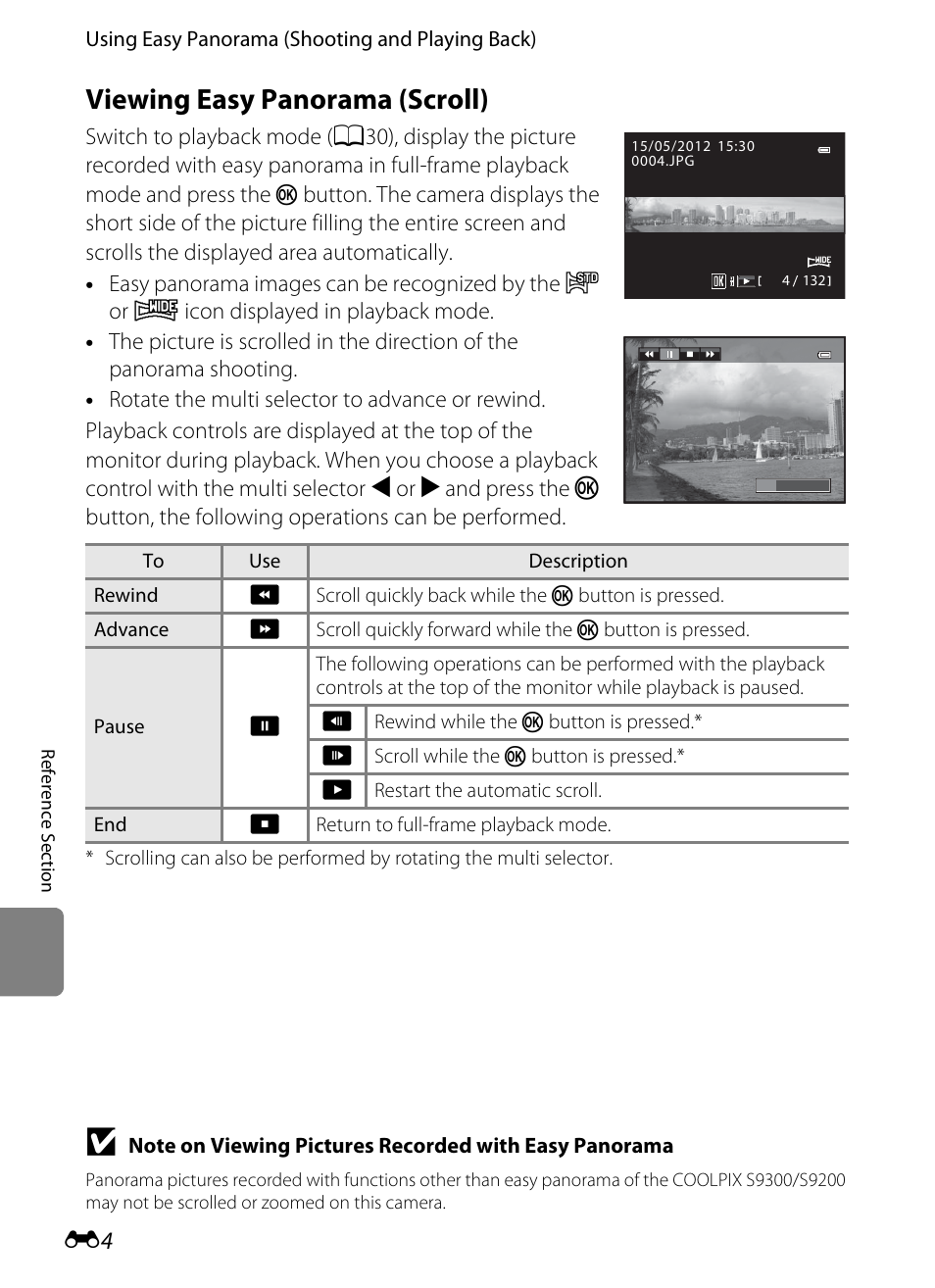 Viewing easy panorama (scroll) | Nikon Coolpix S9300 User Manual | Page 124 / 244