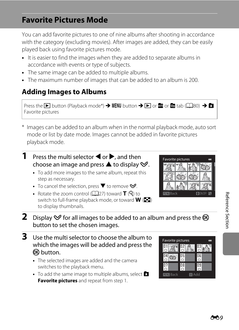 Favorite pictures mode, Adding images to albums, E “favorite pictures mode | E9) f | Nikon Coolpix S9300 User Manual | Page 129 / 244