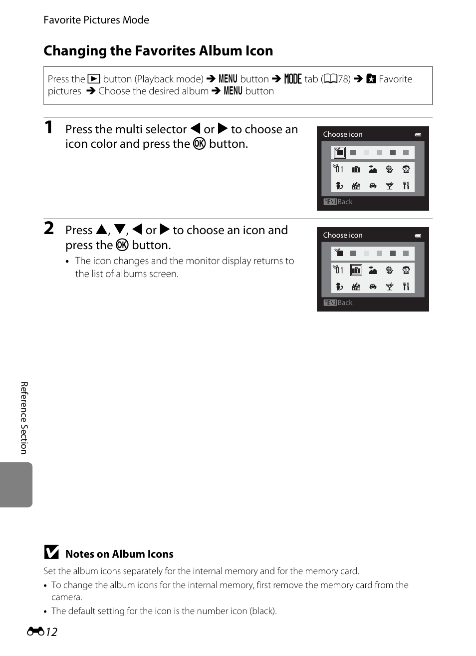 Changing the favorites album icon, E12) | Nikon Coolpix S9300 User Manual | Page 132 / 244