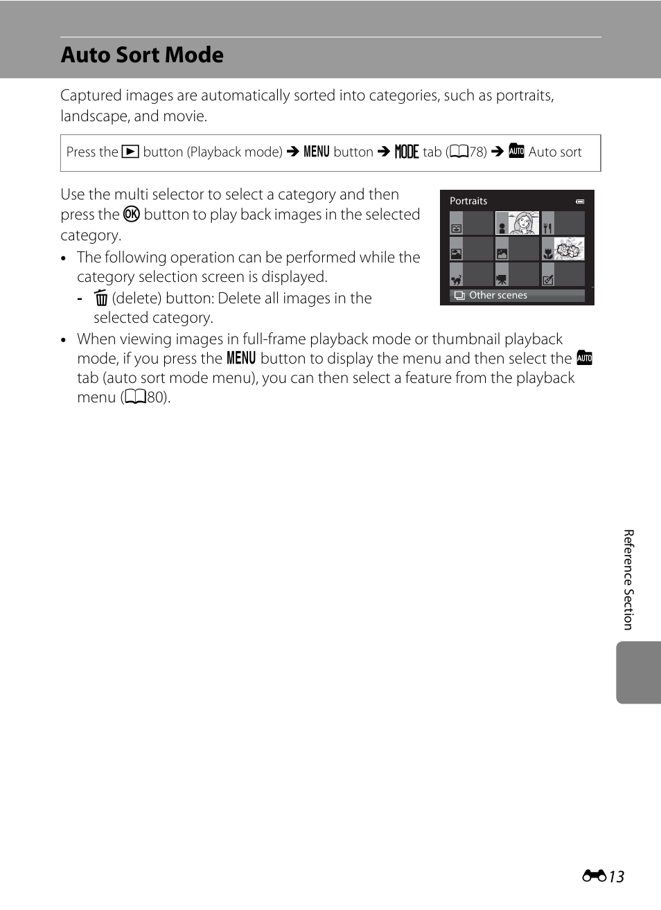 Auto sort mode, E13) for | Nikon Coolpix S9300 User Manual | Page 133 / 244