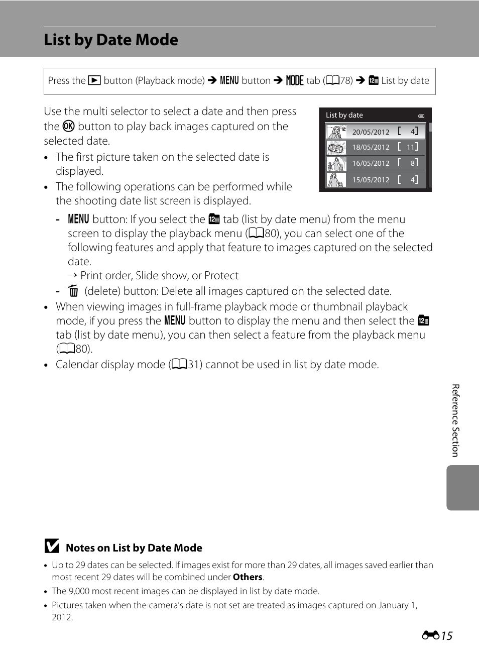 List by date mode, See “list by date mode, E15) for more | E15) | Nikon Coolpix S9300 User Manual | Page 135 / 244