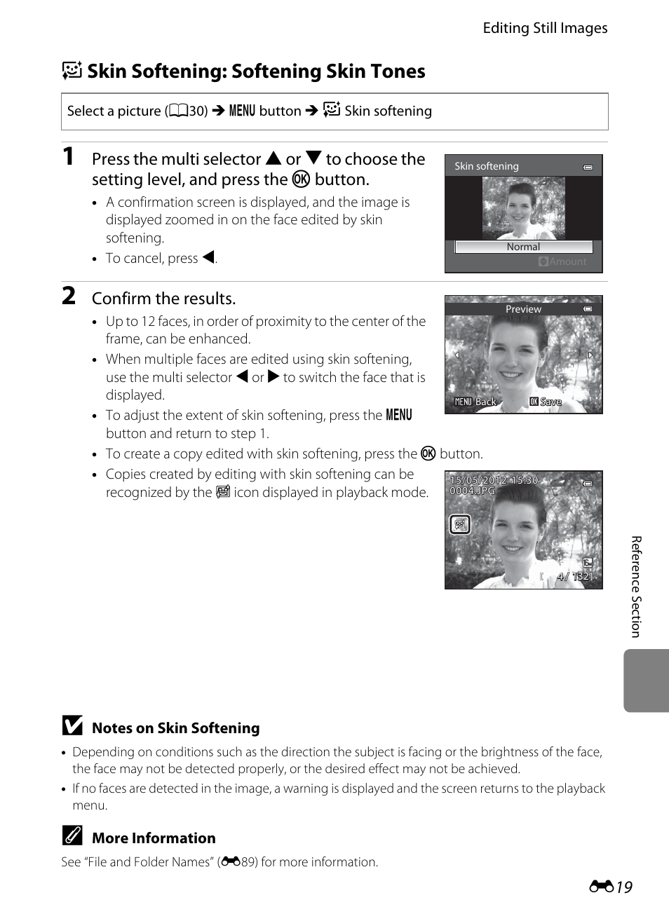 Skin softening: softening skin tones, E skin softening: softening skin tones, E19) | Confirm the results | Nikon Coolpix S9300 User Manual | Page 139 / 244