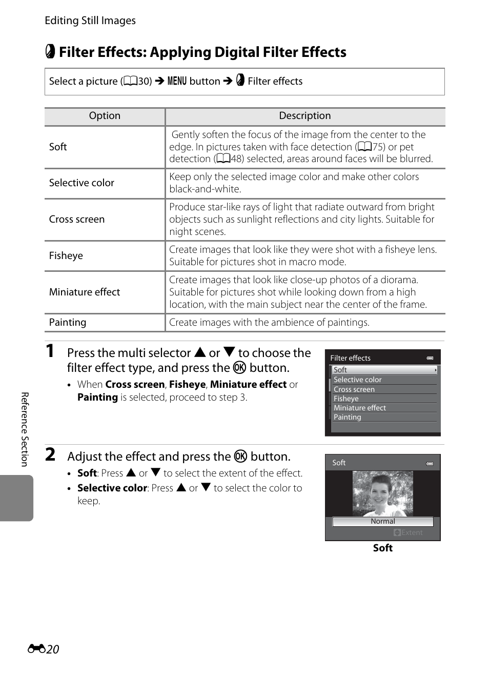 Filter effects: applying digital filter effects, P filter effects: applying digital filter effects, E20) | Adjust the effect and press the k button | Nikon Coolpix S9300 User Manual | Page 140 / 244