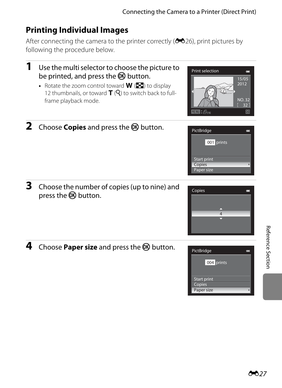 Printing individual images, E27), Choose copies and press the k button | Choose paper size and press the k button | Nikon Coolpix S9300 User Manual | Page 147 / 244