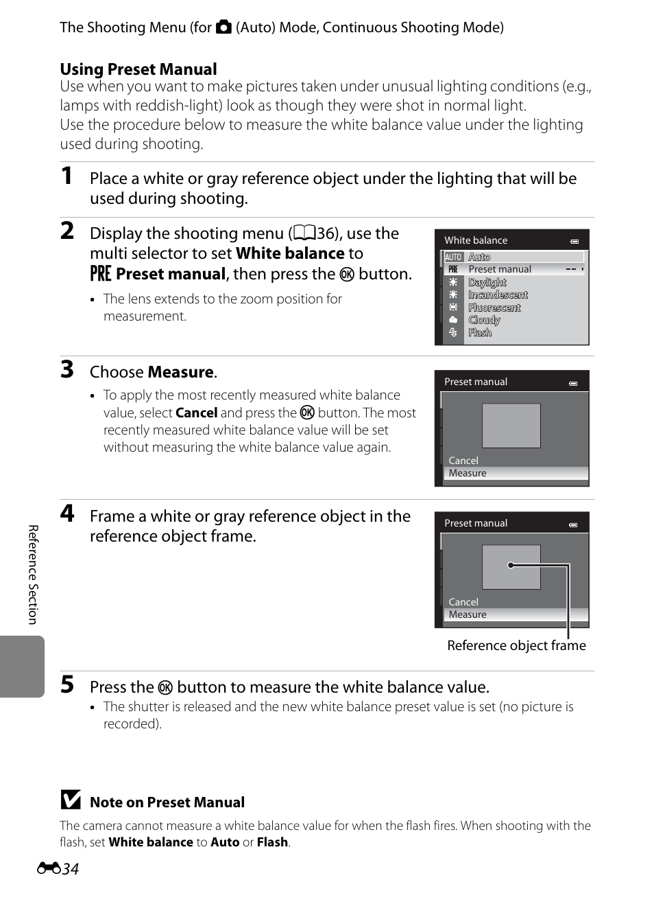 Using preset manual” fo, E34), Using preset manual | Button, Choose measure, Press the, Button to measure the white balance value | Nikon Coolpix S9300 User Manual | Page 154 / 244