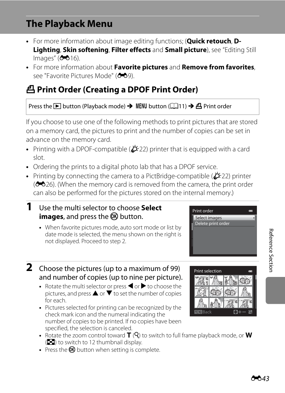 The playback menu, Print order (creating a dpof print order), A print order (creating a dpof print order) | 43) in the referenc, E43) op, E43) | Nikon Coolpix S9300 User Manual | Page 163 / 244