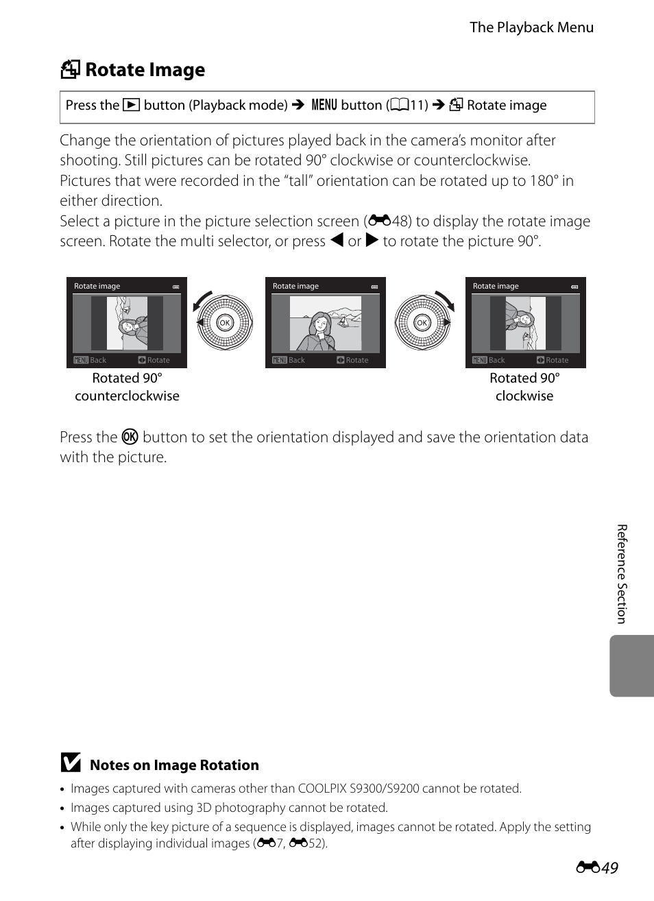 Rotate image, F rotate image, E49) | Nikon Coolpix S9300 User Manual | Page 169 / 244