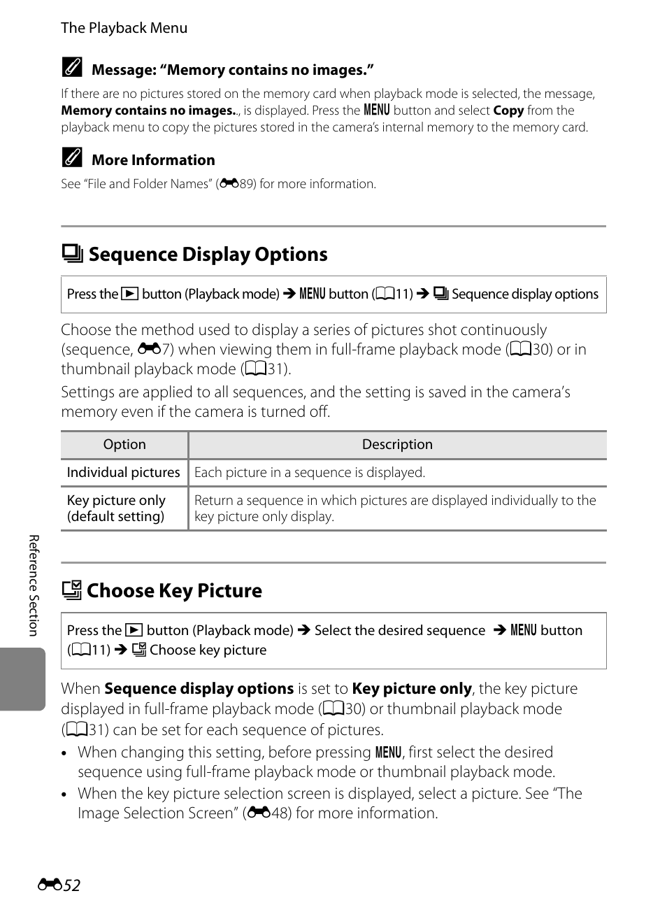 Sequence display options, Choose key picture, C sequence display options | X choose key picture, E52) in, E52), E52) to, E52) i | Nikon Coolpix S9300 User Manual | Page 172 / 244