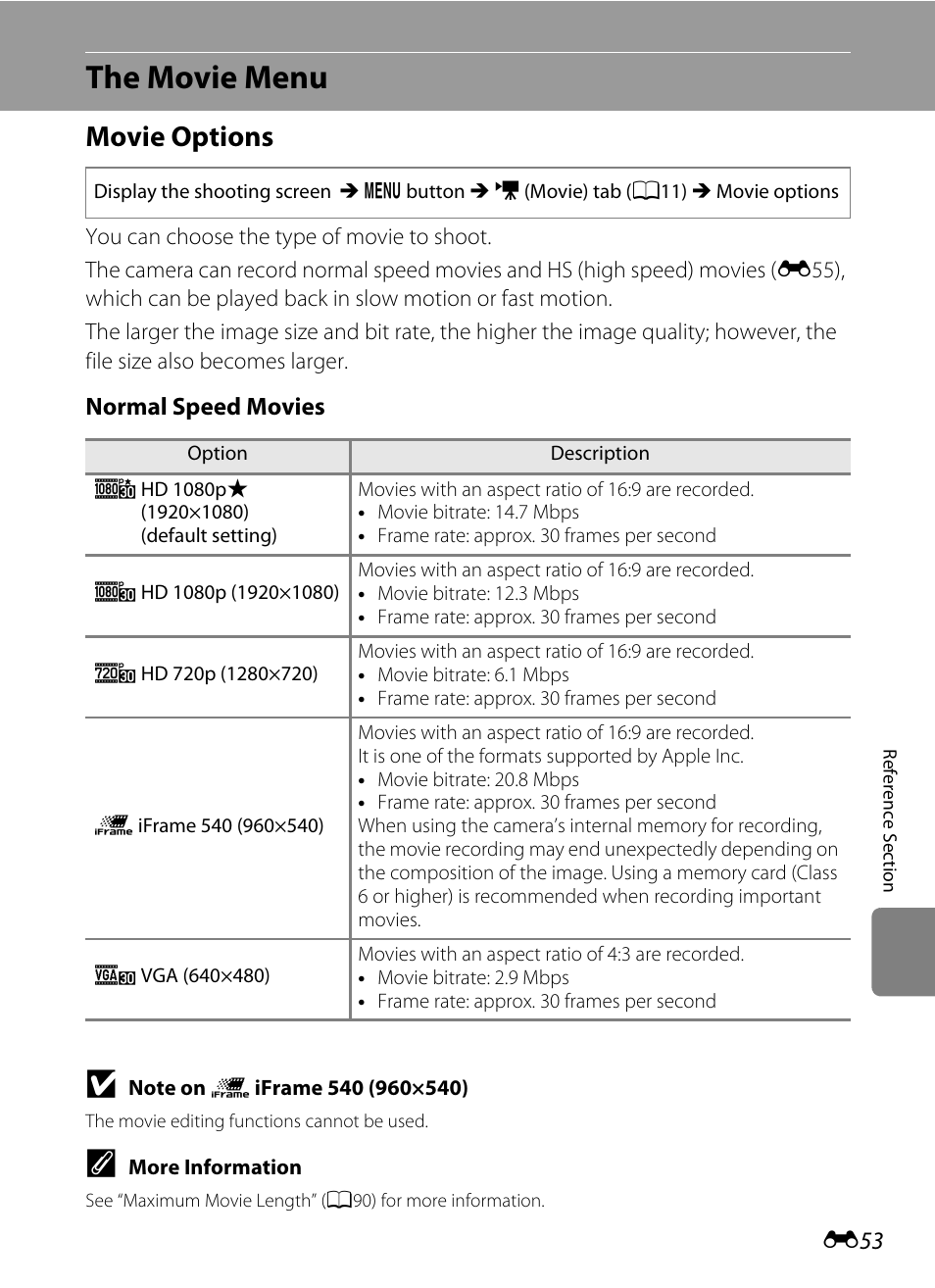 The movie menu, Movie options, E53) | Nikon Coolpix S9300 User Manual | Page 173 / 244