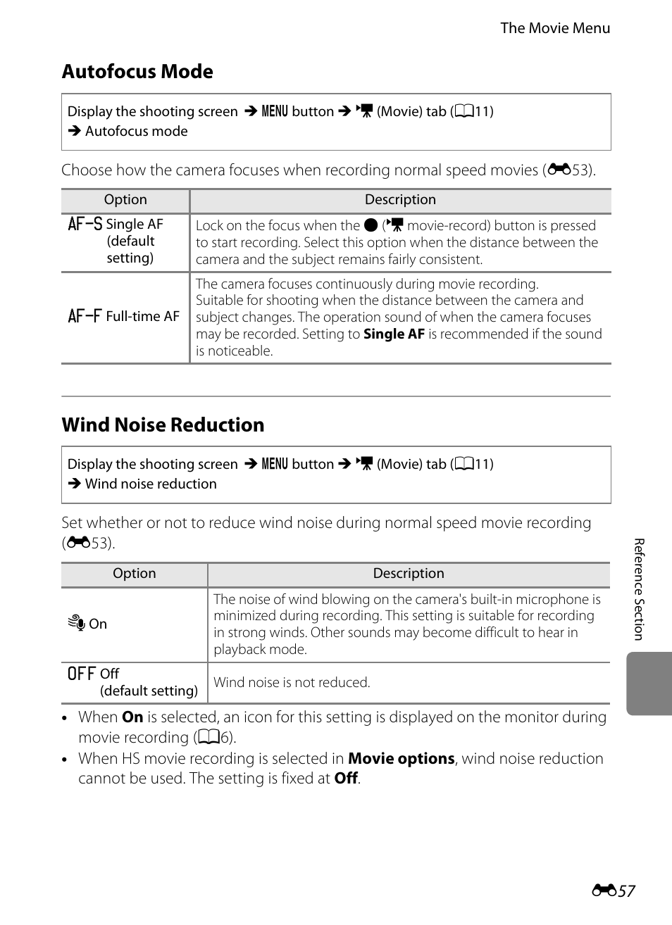 Autofocus mode, Wind noise reduction, E57) in | Nikon Coolpix S9300 User Manual | Page 177 / 244