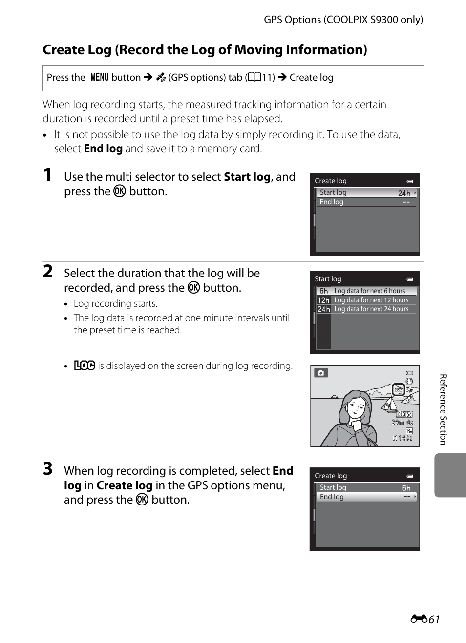 Create log (record the log of moving information) | Nikon Coolpix S9300 User Manual | Page 181 / 244